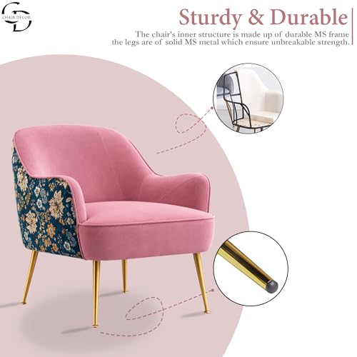 Image of Accent Chair with Ottoman | Modern Velvet Lounge Chair with Floral Designer Back | Upholstered Armchair for Living Room, Bedroom & Cafe | Golden Legs (Pink Floral)