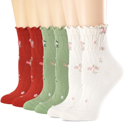 Image of Womens Ruffle Crew Socks Vintage Patterned Ankle Casual Fashion Dress Sock Cute Lettuce Floral Socks 5 /6 Pack