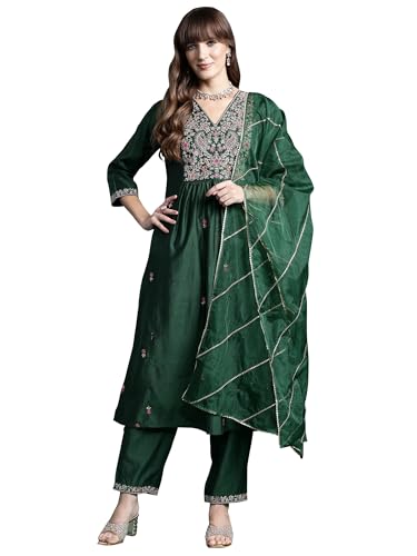 Image of INDO ERA Women's Viscose Embroidered A-Line Kurta and Pant with Dupatta Set (SHUTR6107)