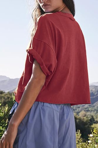 Image of HUGOOME Womens Oversized Workout Crop Top Casual Short Sleeve Boxy Roll Hem | Basic Half Split Sleeve Drop Shoulder Loose Yoga Running Gym Tee Cropped T-shirt Solid Trendy Relaxed Daily Tee