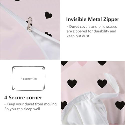 Parure de lit Éventail Noir Amour en microfibre rose clair 240x260 cm avec taies
