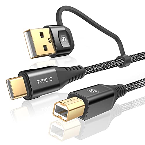 Printer Cable 2-in-1 USB-A/C to USB-B Cord 6.6FT, Type C MIDI Cable Braided High Speed Printer Cord for HP Canon Dell Epson Brother Samsung, MacBook Pro/Air,Digital Piano MIDI Controller-Black