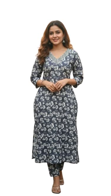 Floral Printed Cotton Kurti Pant Set for Women | Straight Fit Ethnic Wear Suit Set | Multicolor-image-12