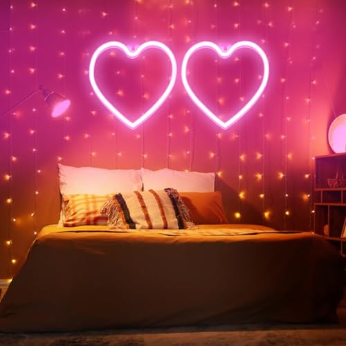 Image of Two Pink Hearts Neon Sign Neon Heart light for Wall Decor Room Store Bar Weddings Bachelorette Parties Marriage Proposals Birthday Parties Events Valentine'S Day Birthday Christmas Gift