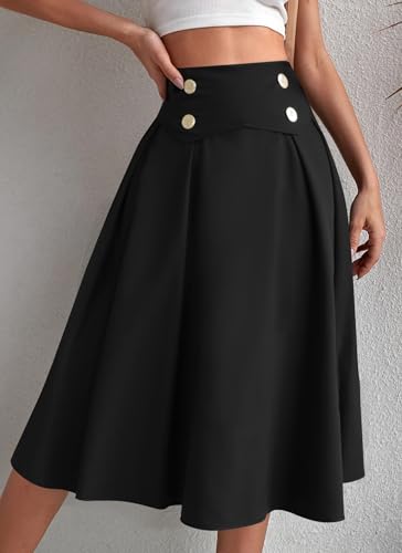 Herou Women's Casual Vintage Pleated A-Line Flared High Waist Elastic Button Front Black Midi Skater Skirt4