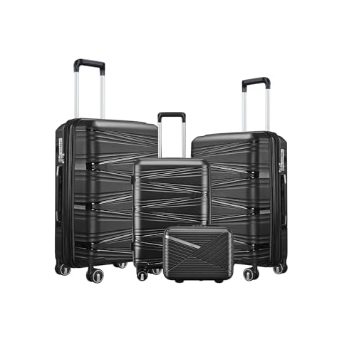 fcfeue 4 Piece Luggage Sets, Expandable Lightweight Hard Shell Roller Case. TSA Lock and Dual Spinner Wheels. 14" 20" 24" 28".Black Cover
