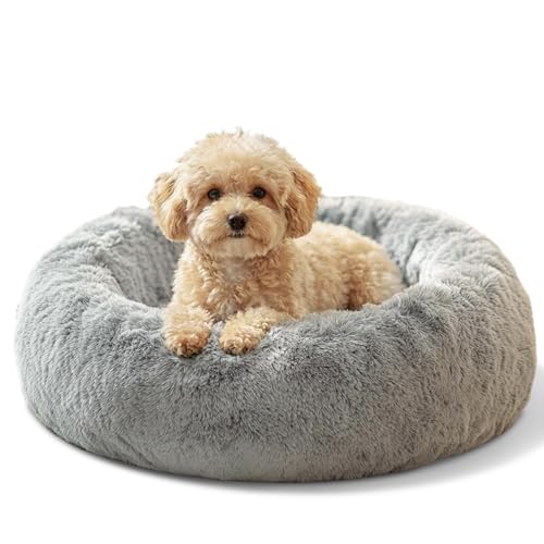 JOLLYVOGUE Small Dog & Cat Beds for Indoor Cats - 20 inches Calming Donut Dog Bed for Kittens & Puppies, Washable Round Fluffy Plush Faux Fur Pet Beds (Smoke Grey)