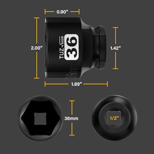 Image of 1 /2 Inch Drive 36mm Shallow Metric Impact Socket,CR-MO,6 Point Radius Corner Design,Square Chamfered Opening,Axle Nut Impact Grade Socket for Easy Removal