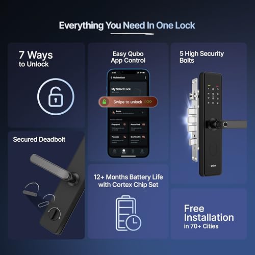 Image of QUBO Smart Door Lock Select from Hero Group | 7-Way Unlocking | Fingerprint | OTP Remote Unlocking | PIN | RFID Card | Mobile App | Mechanical Key | 2 Year Brand Warranty | (Black)