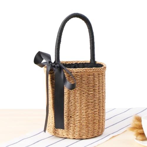 Bolso de paja tipo tote para mujer, bolso cilíndrico tejido a mano con cinta, ideal para playa, vacaciones, viajes y uso diario miniatura 3