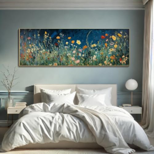 Peinture murale 3D fleurs sauvages colorées grande toile bleue 50x150 cm