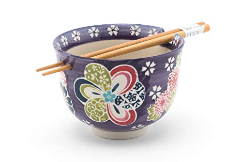 Fuji Merchandise Summer Floral Bloom Design Quality Ceramic Ramen Udon Noodle Bowl with Chopsticks Gift Set 5 Inch Diameter