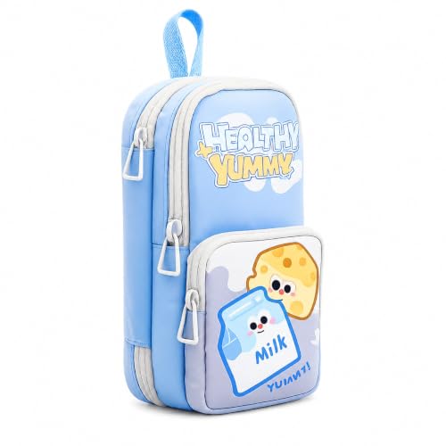 Image of Alokik 3 Compartment Pencil Pouch for Kids, Cute Milk & Cheese Cartoon Pencil Case with Multiple Zipper Compartments, Water-Resistant Stationery Organizer for Boys & Girls (Healthy Yummy Pouch)