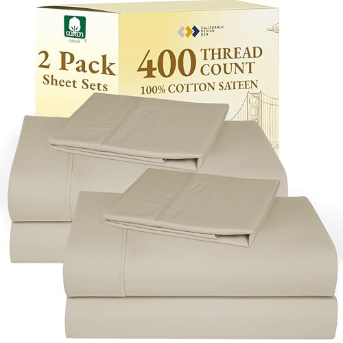 Image of California Design Den Pack of 2 Twin Sheet Set - 400 Thread Count, Soft 100% Cotton Sateen, Deep Pocket Twin Sheets, Durable Bedding - Beige