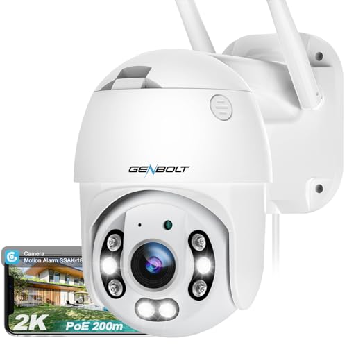 GENBOLT Telecamera Wi-Fi Esterno [DC&PoE],2.5K Videocamera Sorveglianza Esterni PoE CCTV IP Camera Sicurezza con Visione Notturna a Colori, PTZ 4X Zoom Digitale, 2-Audio Allarme Sonoro e Luminoso