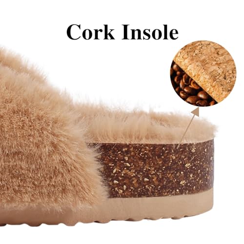 KIDMI Fuzzy Slippers Women with Cork Footbed Fluffy Slides Open Toe Indoor House Shoes | Arch Support | Adjustable Buckles4