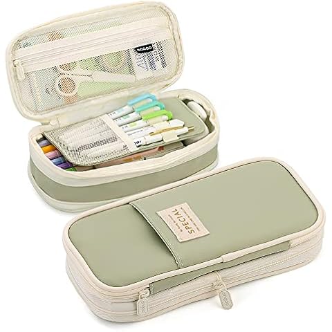 MAMUNU Expandable Pencil case with compartments, Large Capacity Pencil Cases Pencil Bag Pouch Kids Adults, Portable Pencil Case Large School Stationery Organizer, Makeup Cosmetic Bag, Green Cover