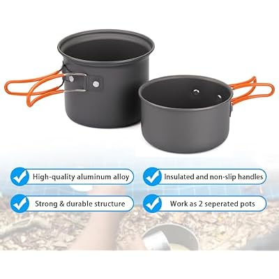 Odoland 6pcs Camping Cookware Mess Kit with Lightweight Pot, Stove, Spork and Carry Mesh Bag, Great for Backpacking Outdoor Camping Hiking and Picnic