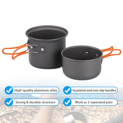 image for Odoland 6pcs Camping Cookware Mess Kit with Lightweight Pot, Stove, Sp