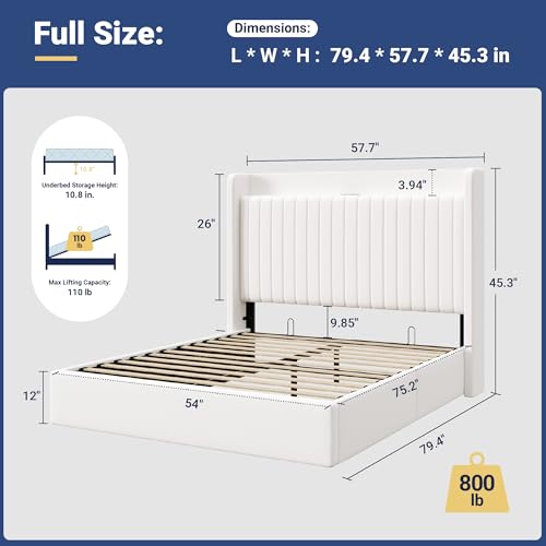 Image of Allewie Full Size Lift Up Storage Bed Frame,Storage Shelf Headboard with Charging Station,Type-C and USB Ports,Hydraulic Support,Velvet Upholstered Bed Frame,No Box Spring Needed,White