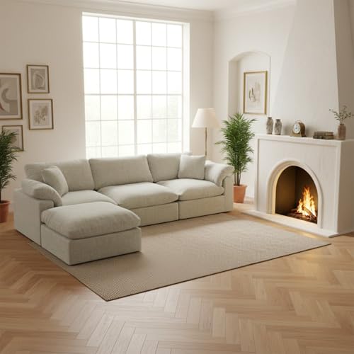Forest aesthetics Modular Sectional Sofa Cloud Couch,Down Filled Comfy Cloud Modern Sofa,Light Beige Linen L Shape Oversized Couch Cushion Covers Removable Furniture for Living Room