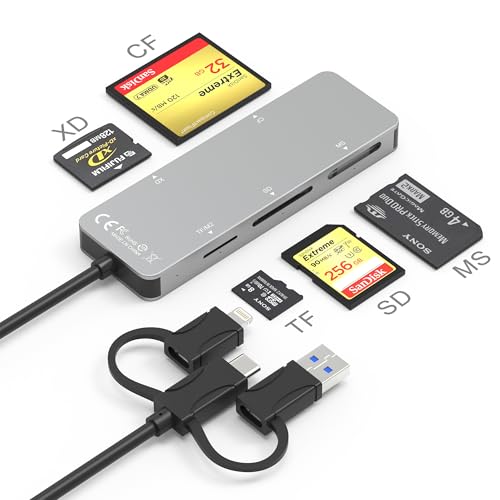 Multi Card Reader with Lightning+USB A+USB C, 6 in 1 SD/Micro SD/TF/M2/MS/CF/XD Picture Card Reader, Memory Stick pro Duo Adapter for iPhone, Multi SD Card Reader with 5 Gbps, Read Simultaneously