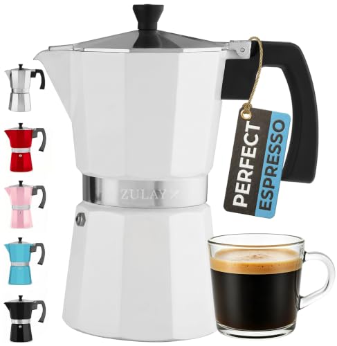 Zulay Moka Pot Espresso Stovetop Coffee Maker - Leak-Proof, Stainless Steel, Easy to Clean, Heat Resistant Handle & Knob - for Authentic Cuban & Italian Style Espresso - Makes 9 Espresso Cups - White
