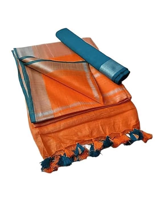 Image of STB-SILK TEXTILES BHAGALPUR Women's Linen Slub Saree With Contrast Blouse Piece