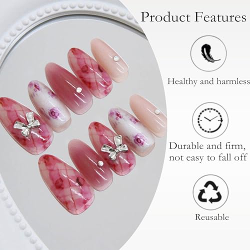 Image of 30 Pcs Nail Extensions For Women, Press On Nails Kit With Pink Rose Dyeing Bow Design, Oval Shape Artificial Nails In 15 Sizes, Reusable Nail Tips For Special Occasions