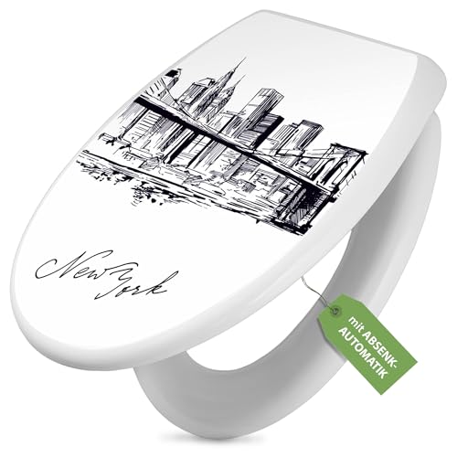 banjado Toilettendeckel mit Absenkautomatik 44,5x37cm - Soft Close Toilettensitz - WC Sitz mit Absenkautomatik - Klodeckel aus Duroplast mit Edelstahl Scharnieren, einfache Montage - Motiv New York Sk