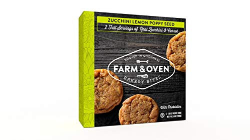 Farm & Oven Zucchini Lemon Poppy Seed Bakery Bites - 5 Pack. Zucchini Lemon Poppy Seed mini-muffins. 8 Servings of Veggies. Delicious. Yummy. Healthy. 40% of Your Daily Veggies. High Fiber. 1 Box.