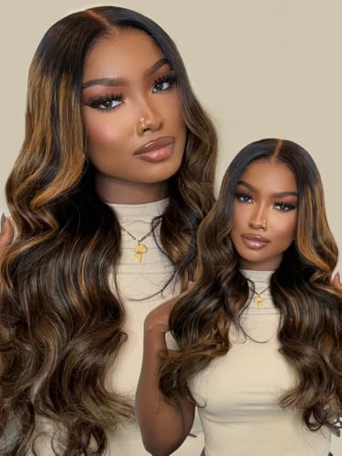 Image of Sunber Ombre Brown Balayage Body Wave Human Hair Glueless Wigs Bye Bye Slip Upgrade 3D Cap Pre Cut 7x5 Lace Front Put On Go 3S Wear Pre Plucked Invisible Knots Highlights Brown Body Wave Wig 18Inch