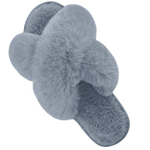 DL Womens Cross Band Soft Plush Slippers Furry Fleece Slip on Slippers Open Toe House Shoes Slides for Indoor Outdoor, Black, 9-10