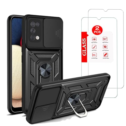 for Samsung Galaxy A02S / M02S (166.5mm) Case with [2 Pack] Tempered Glass Screen Protector, for Galaxy A02S Heavy Duty Armor [Military-Grade] Protective，Lens Protects Magnetic Kickstand Phone Case