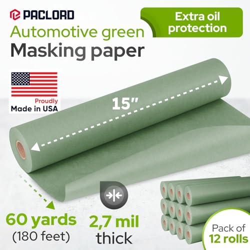 Image of 15 inch x 60 Yards (180 feet) Green Masking Paper with Extra Oil Protection for Automotive Painting Industries (Pack of 12) - Made in USA Masking Paper for Painting Cars, Protection from Splatter