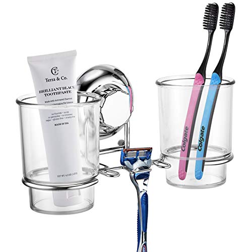 MaxHold Double Porte-Brosses à Dents - Porte-Brosse à Dents avec 2 Gobelets - Support Brosse à Dents avec Ventouses - Pas de Perçage - Acier Inoxydable Ne Rouille...