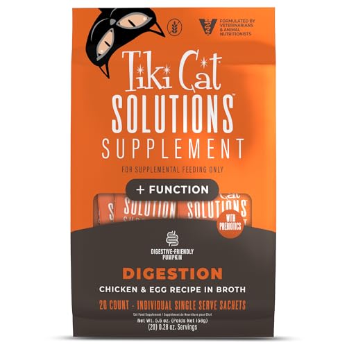 Tiki Cat Solutions Supplements Digestion Mousse Chicken & Egg in Broth Formulated to Support Healthy Digestion Functional Cat Food Supplement 5.6 oz. Pouch (Pack of 20)