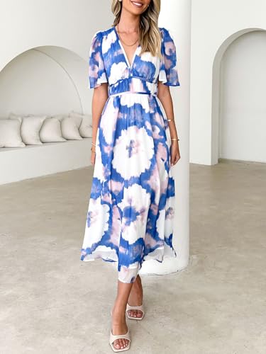 Image of Flessibili Womens Short Sleeve Floral Maxi Dresses 2026 Spring Wedding Guest Party Summer Dress Blue White Large
