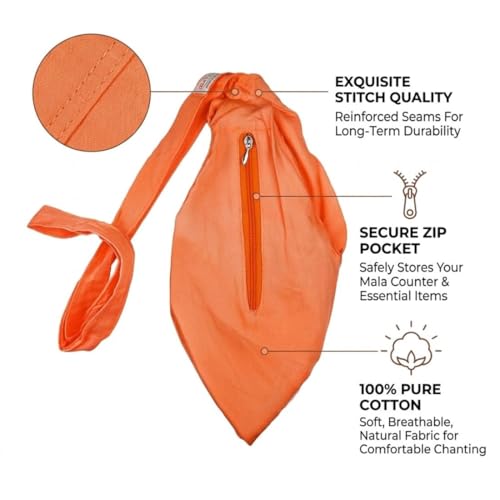 Image of Original Bhagwa Pure Cotton Gomukhi Japa Mala Bag Or Chanting Bag /Beads Bag With Zip Pocket And Sakshi Mala Counter For Daily Mantra Jaap, Saffron Color, travel, orange
