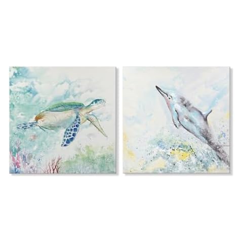 Sea Turtle Bathroom Wall Decor Dolphin Canvas Wall Art Nautical Beach Theme Artwork Colorful Sea Life Coastal Painting for Bedroom Living Room Bedroom Home Office Decor Cover