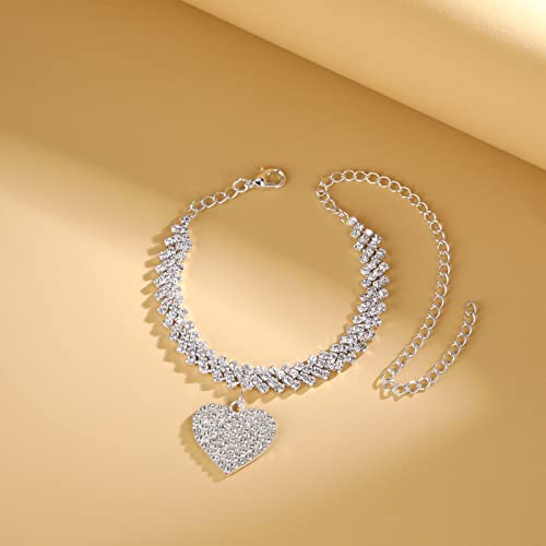 Image of Fesciory Heart Rhinestone Ankle Bracelets for Women, Adjustable Silver Plated Shiny Tennis Anklets, Twinkle Cubic Zircon Imitation Diamond Anklet Foot Chain Jewelry Gifts