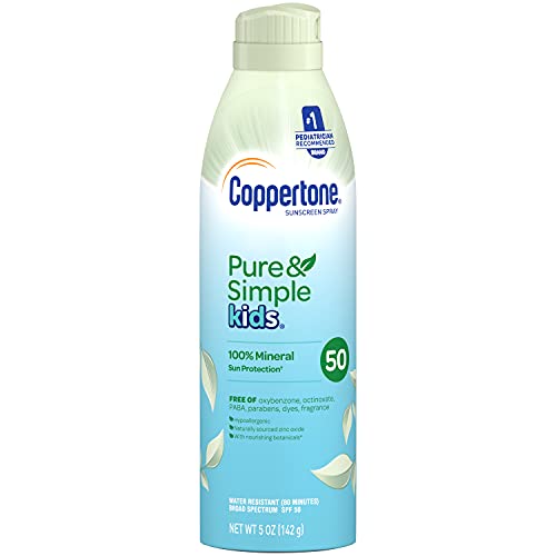 Coppertone, Pure Simple Kids SPF 50 Sunscreen Spray Zinc Oxide Mineral Sunscreen, Blue, 5 Ounce