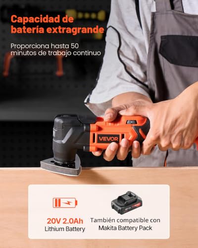 Miniatura 4 de Vevor Herramienta Multiusos Inalámbrica, Con 6 Velocidades Variables De 8500 A 17000 Opm, Ángulo De Oscilación 3,2 , Batería 2,0 Ah Y Cargador, 12 Accesorios De Sierra Y Led, 330 X 150 X 80 Mm