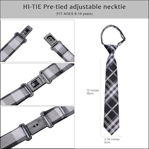 Image of Hi-Tie Boys Tie Pre-Tied Pocket Square Set Adjustable Kids Neckties Age 7-11 Years School UniForm Graduation