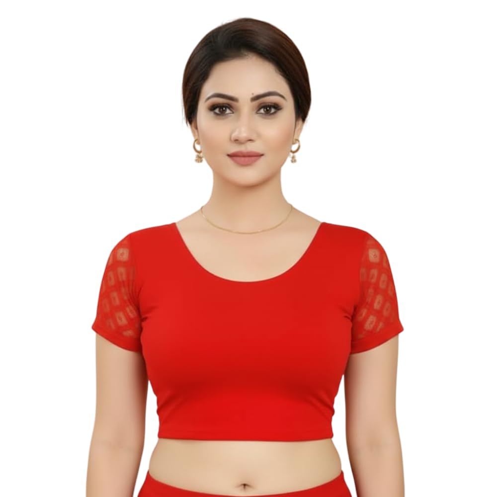 Round Neck Cotton Lycra Stretchable Half Net Sleeve Readymade Saree Blouse for Women and Girls, Size (26 to 44)-image-36