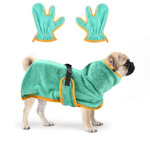 HEKOBAG Albornoz para Perros de Microfibra, Albornoz de Secado Rápido con 2 Guantes Absorbentes, Toalla para Mascotas de Talla Pequeña y Mediana (S/Verde)