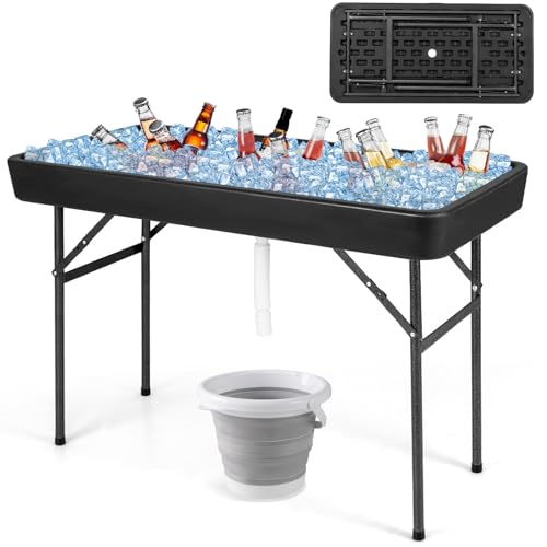 Giantex 4 FT Folding Ice Cooler Table with Drain & Bucket Removable Skirt No Assembly Portable Fill and Chill Table for Food Drink Beverage Foldable Party Ice Bin for Camping BBQ Black