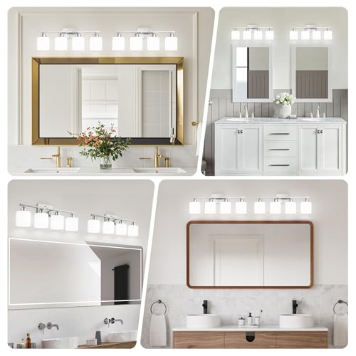 Image of 4 Light Bathroom Light Fixtures, Anti-Rust Finish Brushed Nickel Vanity Lights for Bathroom with Milky White Frosted Glass Shade for Mirror Bedroom Living Room E26 Base