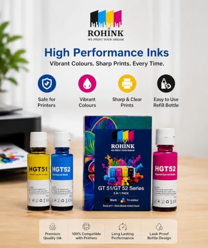 Image of ROHINK GT51 GT52 Ink Refill Dye Ink Compatible with HP Ink Tank 115, 310, 315, 319, 410, 415, 416, 419, 455, 500, 515, 530, 615, GT 5810, GT 5811, GT 5820 (HP Color Combo Pack 3)