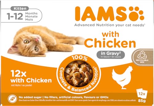 IAMS Delights Kitten cibo umido - Multipack di cibo per gatti con pollo in salsa, cibo di alta qualità per gattini junior da 1 a 12 mesi, 12 x 85 g